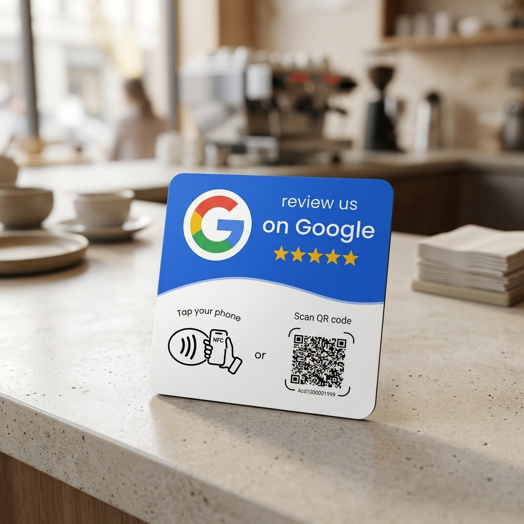 Card NFC Recensioni Google blu su banco con sfondo luminoso