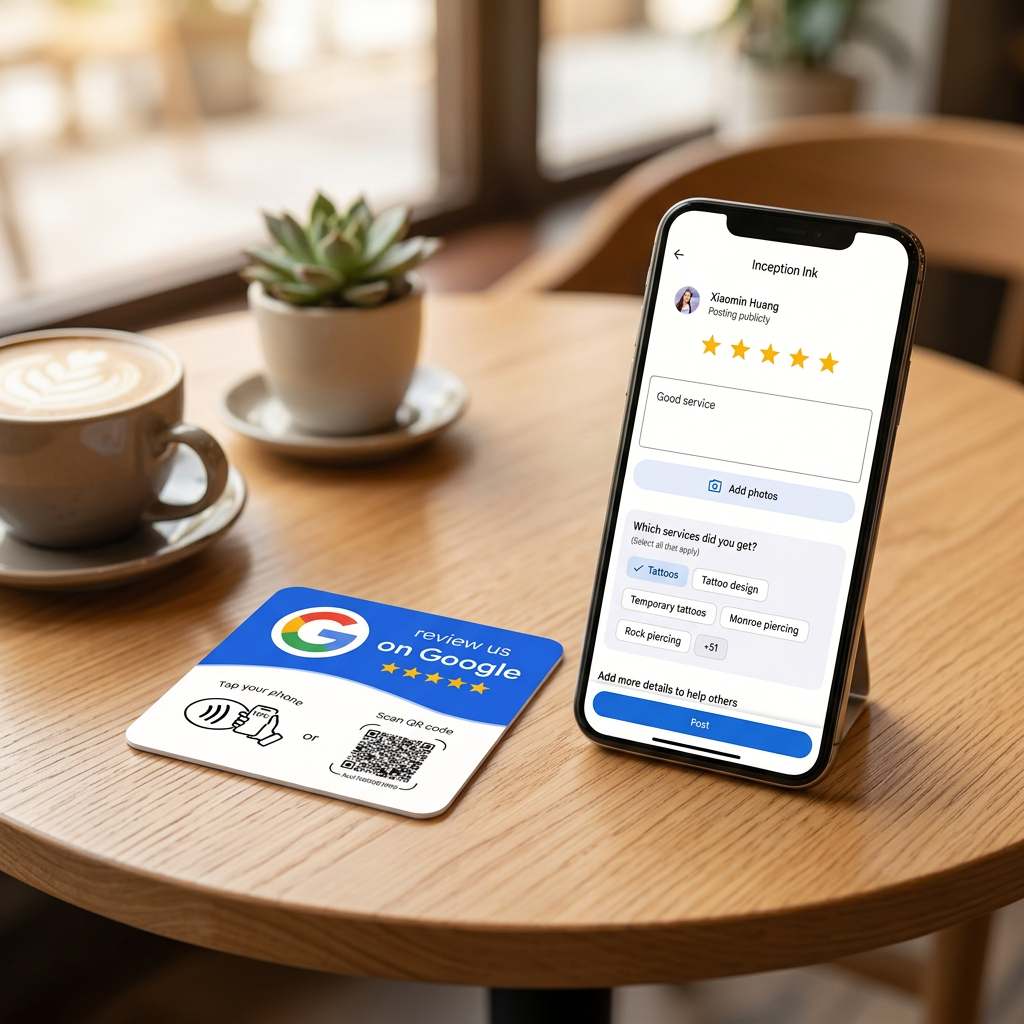 Card NFC blu con smartphone che mostra recensione Google, stile lifestyle