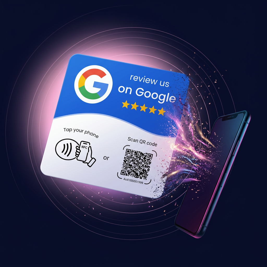 Card NFC Recensioni Google blu con smartphone e effetto energia