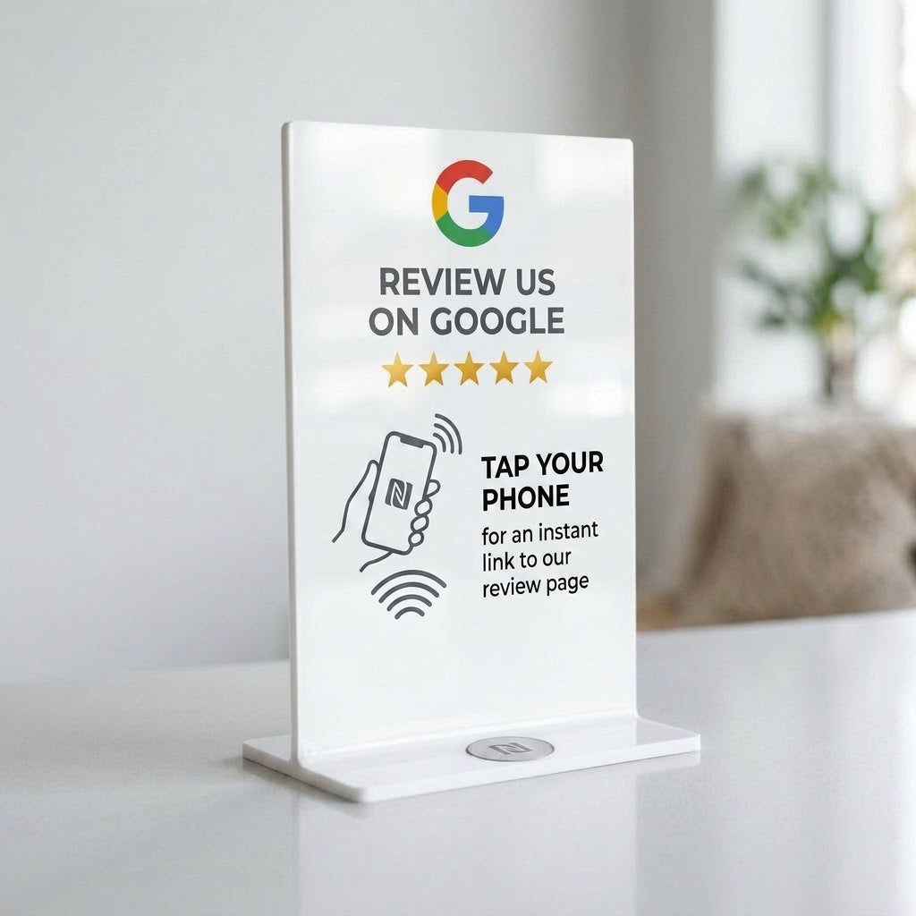Stand NFC Recensioni Google bianco su banco con sfondo luminoso