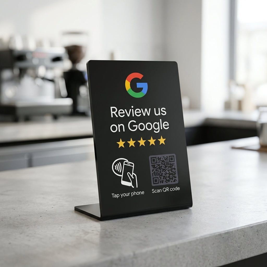 Stand NFC Recensioni Google nero su banco con sfondo luminoso